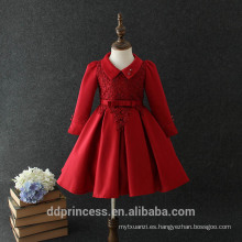 Guangdong china exquisita mano de obra de encaje rojo de manga larga niña vestidos de vestidos